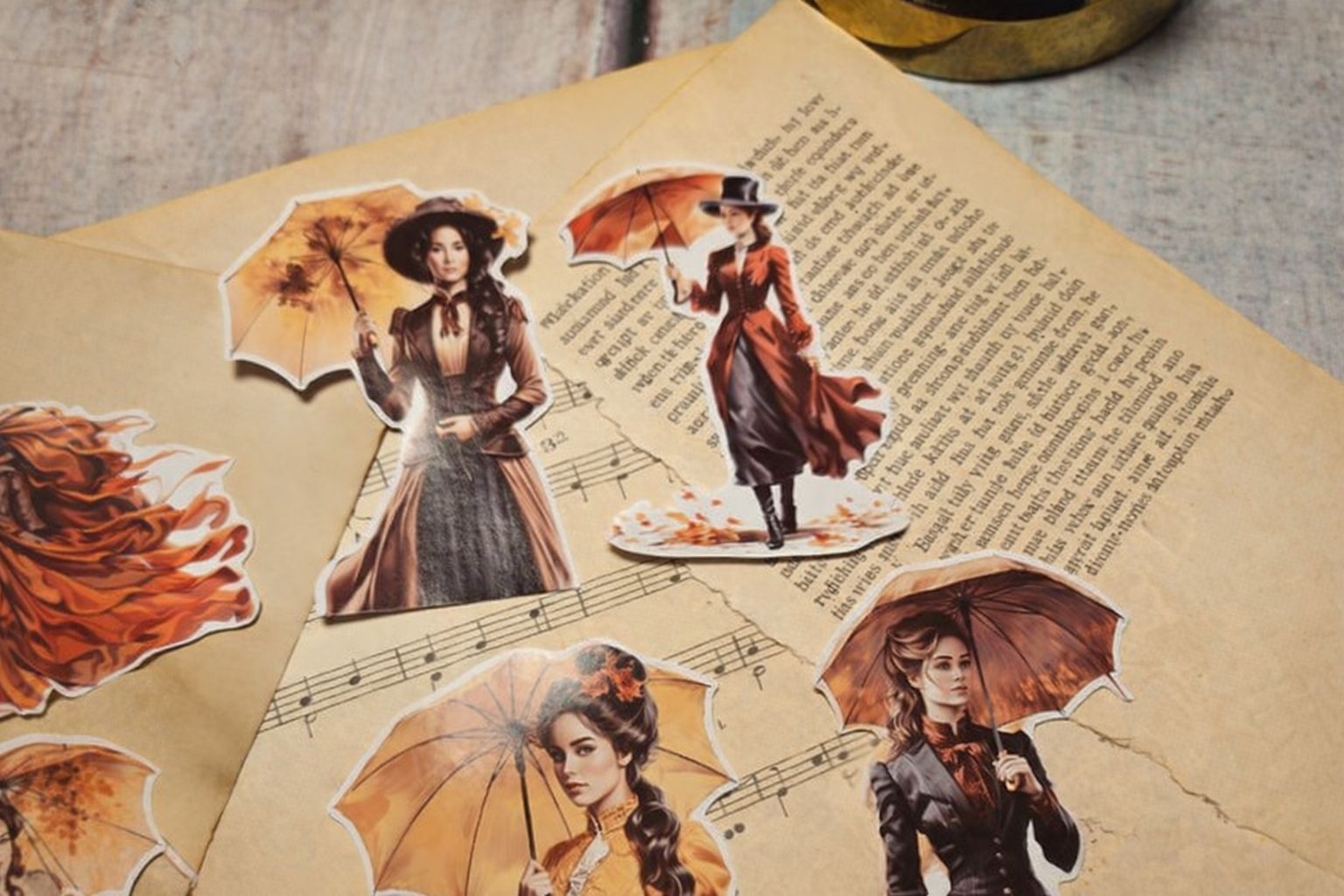 Vintageinspirerade klistermärken med kvinnor och paraplyer på ett notpapper.