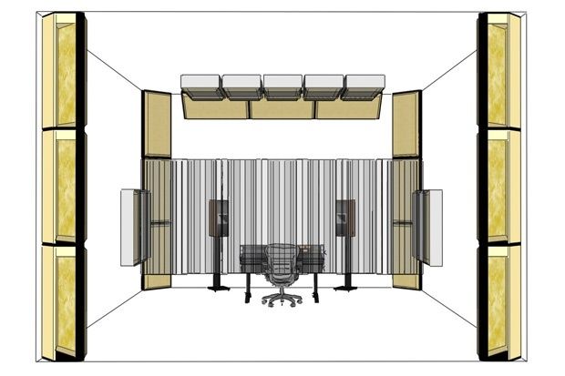 Planritning av hemmastudio med basfällor och akustikpaneler